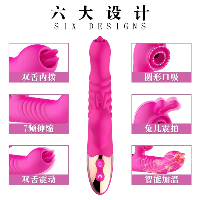 Dibe Double Tongue Jade Rabbit Vibrator for Women Intelligent Heating Tongue Licking and Sucking Telescopic Masturbation Device Adult Sex Toys