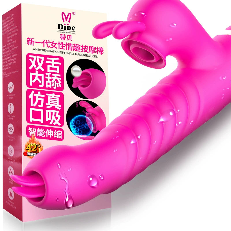 Dibe Double Tongue Jade Rabbit Vibrator for Women Intelligent Heating Tongue Licking and Sucking Telescopic Masturbation Device Adult Sex Toys